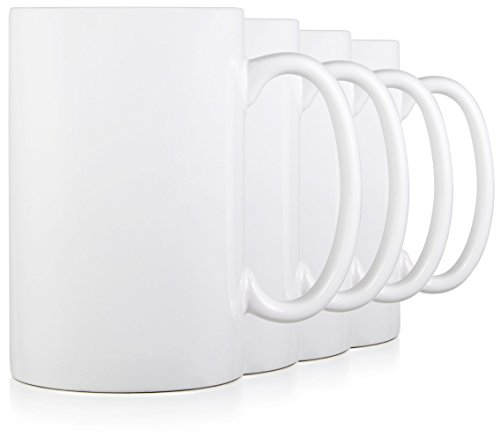Serami 17oz White Classic Tall Coffee Mugs. Large Handles and Ceramic Construction, Set of 4