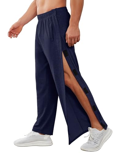 Deyeek Men's Tear Away Pants 2 Side Snap Open Bottom Sweatpants Loose Fit Casual Post Surgery Pants with Pockets Dark Blue