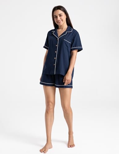 Image of Womens Muslin Pajama Set 100% Cotton Double Gauze Linen Like | Breathable Soft Comfort Button Up Loungewear Sleepwear PJ Set