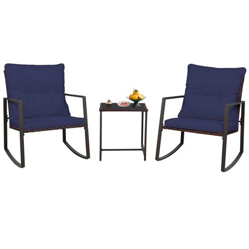 SUNCROWN 3-Piece Outdoor Rocking Chairs Patio Bistro Set Patio Brown Wicker Chairs with Glass Coffee Table, Dark Blue Cushion