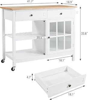 42" Kitchen Island Cart on Wheels, Rolling Storage Cabinet Station with Solid Wood Top, 2 Drawers, Towel Rack, Open Display Shelf, White