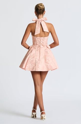 Satin Jacquard Halter Homecoming Dresses with Bow for Teens Mini A-Line Puffy Cocktail Corset Evening Party Gown3