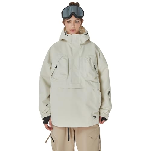 SNOWVERB Womens Mens Baggy Anorak Half-zipper Snow Waterproof Ski Coat Insulated Snowboard Jackets with Hood (US, Alpha, Medium, Regular, Regular, White)