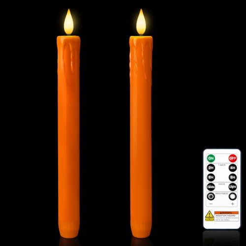 Image of Homemory Orange Flameless Taper Candles with Remote Timer, 9.6 Inch Real Wax Battery Operated Candlesticks, Flickering Warmer Light Led Tapered Candle 2 Pack for Halloween Home Decor