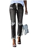 Meufam Womens Hole Ripped Raw Hem Jeans Distressed Drawstring Elastic Waist Stretch Skinny Denim Pants Jeans (Black,XX-Large,CA/US,Alpha,Adult,Female,XX-Large,Regular,Regular)