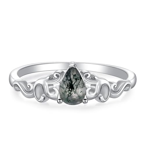 Natural Moss Agate Ring for Women 925 Sterling Silver Pear Cut Genuine Moss Agate Engagement Rings Moss Agate Jewelry Gifts for Her