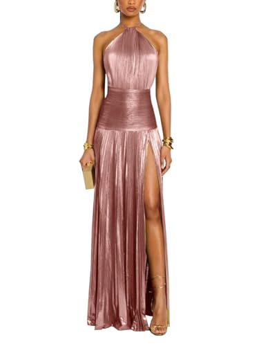 WeiDuoLuo Women's Luxury Metallic Pleated Open Back Halter Maxi Dresses， Form-Fitting Dress for a Sexy Party Occasion (US, Alpha, Medium, Regular, Tall, Pink)