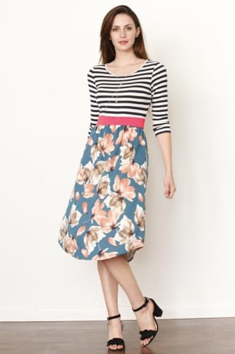 Image of Eloges Women's 3 /4 Sleeve Contrast Waist Band Floral Curved Hem Midi Dress