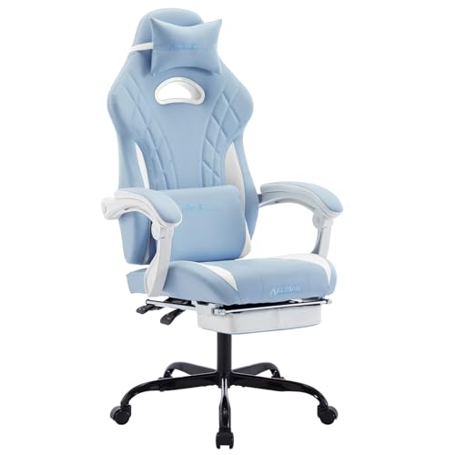 NIONIK Gaming Chair with Footrest and Massage Lumbar Support, Ergonomic Computer Gamer Chair, Office Video Game Chairs (Cyan White)