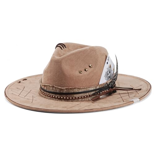 H.Busque Wide Brim Fedora Hat Mens Women Felt Panama Hat Dress Up Hat Khaik
