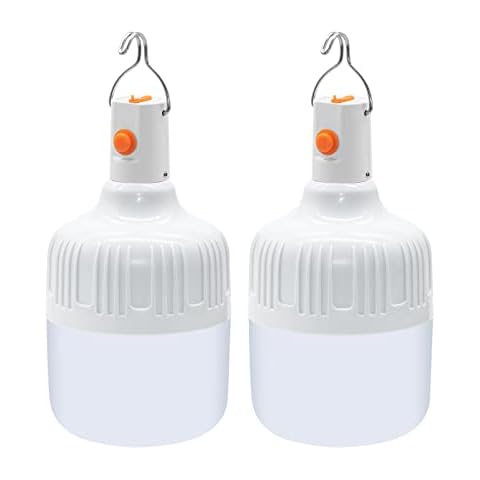 Ledeak 2 Pcs Camping Lantern, LED Rechargeable Light Bulb Battery Powered Outdoor Lamp with Hook and USB, 500 Lumens Stable Lighting Portable Tent Light for Emergency Camping Patio Garden BBQ Cover