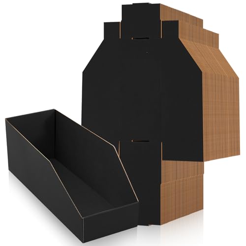 Image of Fuyoooo 30 Pack 12 x 4 x 4. 5 Inches Cardboard Storage Bins Open Top Bin Boxes Black Corrugated Shelf Organizer Bins for Pantry, Parts, Garage, Snacks, Bottles, Cans or Warehouse Home Cubby