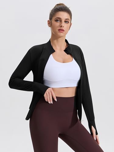 Womens Running Jackets Long Sleeve Gym Tops Zip Sport Jackets Fitness Breathable Yoga Cropped Tops with Thumb Holes - Image 6