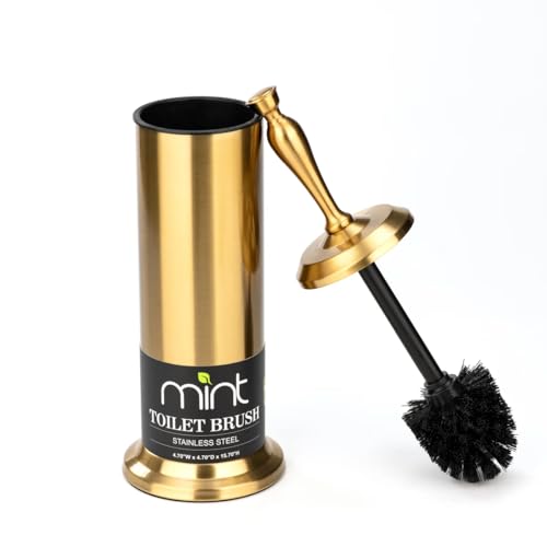Image of J&V TEXTILES Toilet Brush, Toilet Bowl Brush with Extra Long Handle Durable Bristles Toilet Scrubber and Covered Holder for Toilet Brush Set for Bathroom Cleaning (Aged Brass)