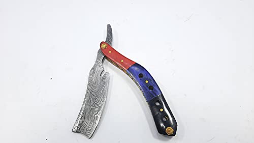 Qureshi Knifes Damascus Steel Straight Razor Fixed Blade Color Wood, Buffalo Horn Handle With Leather Sheath Belt Loop. Str-24004 #TOP2