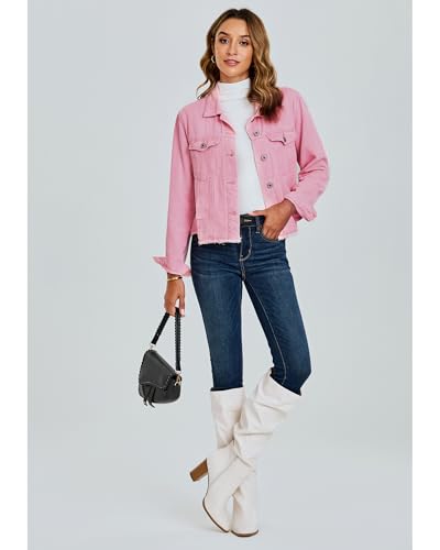 Image of luvamia Denim Jacket for Women Distressed Jean Jackets Button Up Vintage Western Trucker Jacket Frayed Hem Pockets