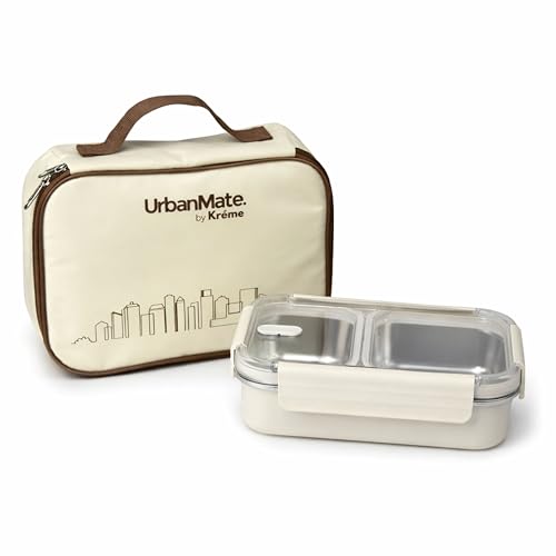 Image of Kreme UrbanMate Bento Lunch Box with Carry Bag 1100 ml, 2 Compartment Lunch Box, Stainless Steel, Leak Proof, Spill Proof, Ideal for Adults, Teenagers and Kids, Ivory