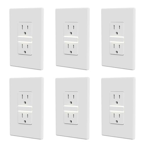 Image of ELEGRP Decorative Outlet Night Light, Electrical Wall Outlets with Built in Led Guidelight 4000K, Tamper Resistant Receptacle, 15 Amp 125 Volt, Plate Cover Included, Matte White, 6 Pack