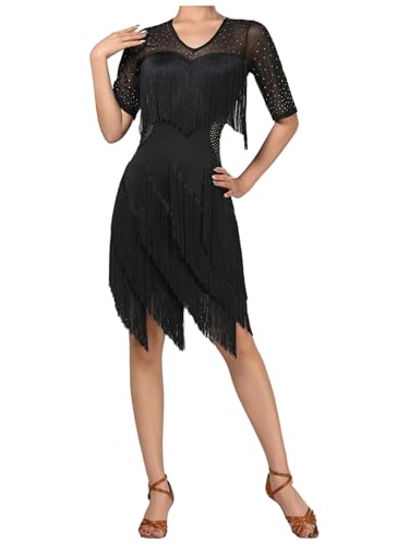 TiaoBug Damen Kurzarm Latein Kleider Asymmetrische Tanzkleider mit Fransen Partykleid Tango Rumba Walzer Modern Tanzkostüm Schwarz L