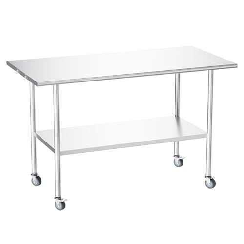 Image of Atelicf NSF Stainless Steel Prep Table 30X60 inch, Flat Top & Casters | Mobile commercial-grade table for restaurants, kitchens, food trucks, breweries, bars, garages, and BBQ