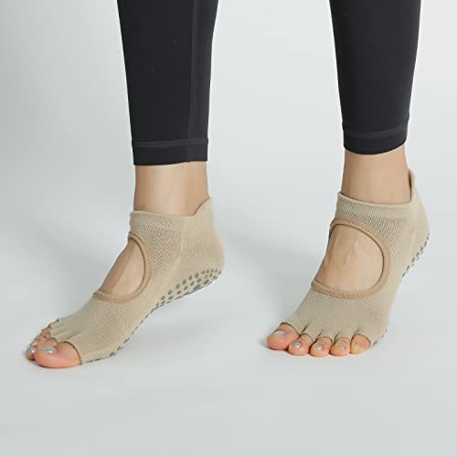 Image of Yoga Pilates Toe Socks Toeless Socks with Grips for Women Non Slip Cushioned Low Cut Ankle Socks for Dance