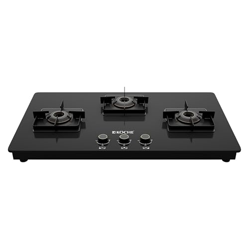 Image of KOCHE BETTY 3 Burner Built-In Gas Hob 77cm Auto Ignition | Hob /Cooktop Hybrid | High Power Brass Burners Gas Stove | Cast Iron Pan Support | Metal Knobs | Black Toughened Glass | 5 Years Warranty