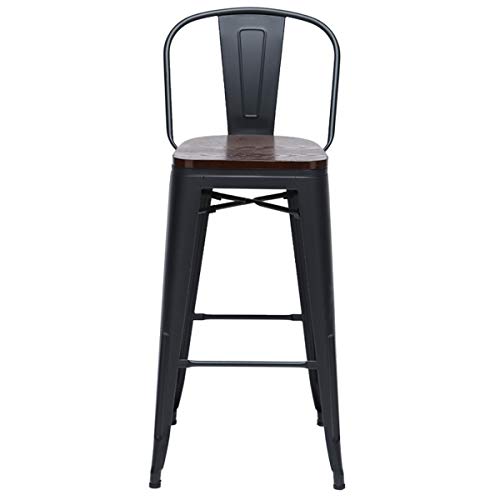 Haobo Home 30" High Back Barstools Metal Stool With Wooden Seat [Set Of 4] Counter Height Bar Stools, Matte Black #TOP4