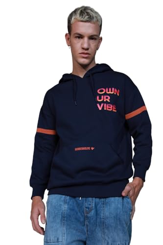 Image of Hubberholme Men Navy Blue Cotton Long Sleeves Regular Hood Sweatshirts HHMSSW23001