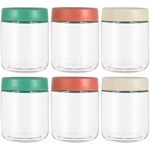 Hoa Kinh 17oz 6Pack Glass Food Storage Jars with Lids, Leak Proof Small Glass Jars for Overnight Oats, Cereal, Clear Empty Glass Jars with Lids for Kitchen(Red, Green and White) Cover