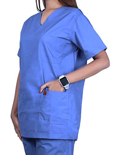 Image of Unisex V-Neck Polyester Cotton Medical Scrub Suit for Doctors, Top and Bottom with 6 Pockets, Triple Needle Stitch Top, Size 34 - XS, Ceil Blue. BLUE.