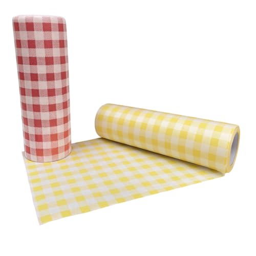 Eurotel Lote de 2 rollos de 30 servilletas de pulpa de madera. Ecológico. Aspecto tejido. Ultra resistente. Vichy Rojo y Amarillo - 60 servilletas 23 x 23 cm