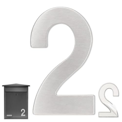 Numero 2 casa, Número Dos hogar, Número 2 para puerta, Número para pared, Número 2 buzón, Acero inoxidable 304, 75 mm alto x 47 mm ancho, Adhesivo, Plateado