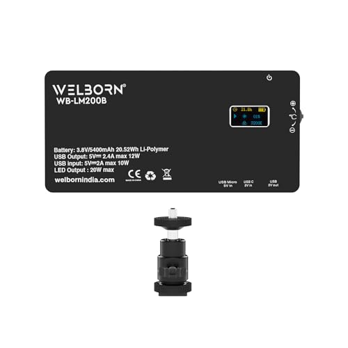 Image of WELBORN (LM200B) 200 Led Metal Body Portable Bi-Color LED Video Light with Built-in 5400mAh Battery & OLED Screen for Photography & Videography