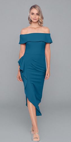 Image of Betsy & Adam Women's Women's Midi-Length, Off-The-Shoulder, Asymmetric Hem, with Draped Detail and Fitted Silhouette