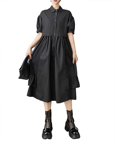 ellazhu Women's Dress Lapel Short Sleeve Button Down Flowy Hem Solid Casual Fashion GZ527