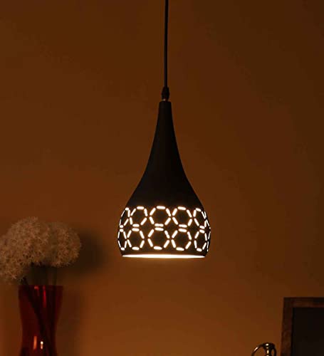 Image of DarkVision Decorative Hanging Pendant Light Stylish Tear Drop Design with Premium Black Metal and Cutwork Pattern Ceiling Lamp for Kitchen, Staircase, Entryway, Dining Room (with Bulb)