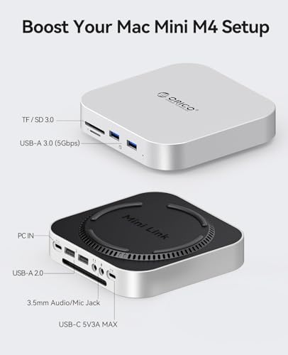 Image of ORICO MiniLink Mac mini M4 Dock & Stand, Hub with 2 x USB 3.0 Ports (5Gbps), 2 x USB 2.0 Ports, SD /TF Card Readers (3.0), 3.5mm Headphone & Microphone Jacks, Compatible with Mac mini M4 /M4 Pro (M48P)