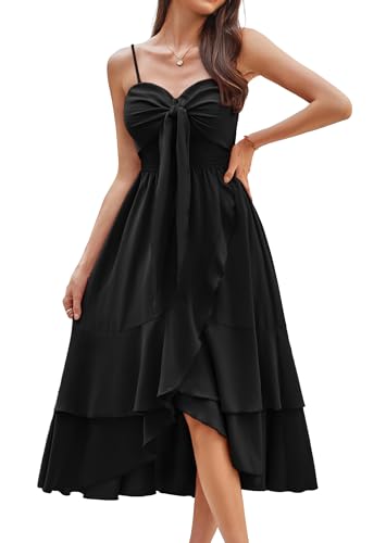 GRACE KARIN Spaghetti Strap Spring Dresses for Women Tied Swing Shirred Casual Midi Dress Sundress Black S