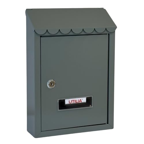 UTILIA Cassetta Postale Capri cm. 21x6x30 h, Porta Lettere in Lamiera Verniciata con Tetto, Feritoia Superiore Posteriore, Cassetta della Posta da Esterno con Serratura a Cilindro, 2 Chiavi (Grigio)