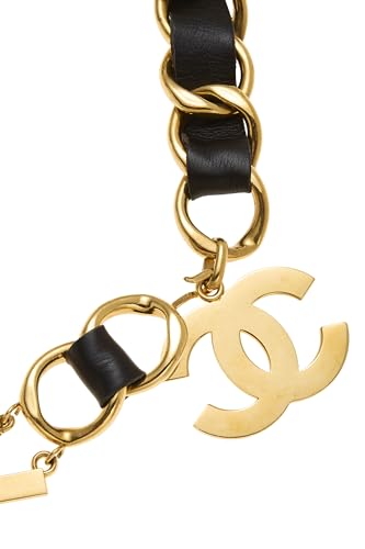 Pre-loved Gold & Black Leather Logo Letters Chain Belt, Black2
