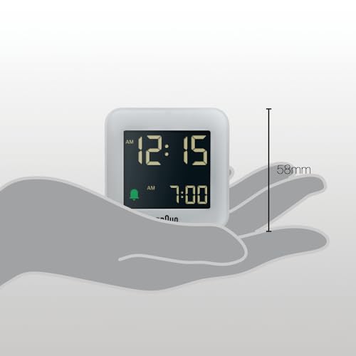 Image of Braun Plastic Digital Travel Alarm Clock with Snooze, Compact Size, Negative LCD Display, Quick Set, Crescendo Beep Alarm in Grey, Model BC08G.