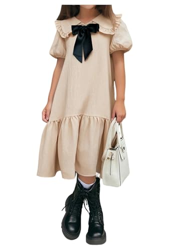 Floerns Girl's Bow Tie Front Puff Sleeve Smock Dress Low Waist Ruffle Hem Cute Midi Dresses