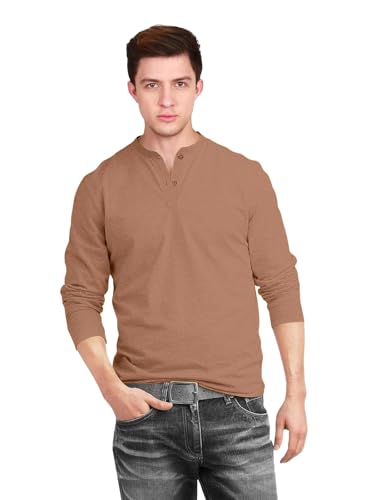 Image of Veirdo Pure Cotton Regular Fit Henley Neck Plain Solid Full Sleeve T-Shirt for Men & Boys (Color Options: Black, Red, Swanwhite, Navy Blue, White, Cork, Green, Maroon, Mustard, Royal Blue)