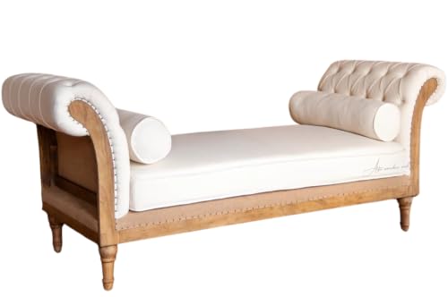 Image of Victorian Style Chaise Lounge, Tufted Cream Upholstery, Mahogany Wood Frame, Classic Living Room Furniture (Off White)