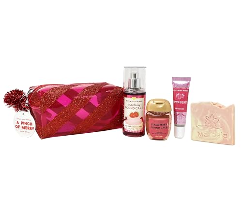 Bath & Body Works Strawberry Pound Cake Mini Gift Bag Trio - Fragrance Mist - Lip Gloss and Hand Gel - with a Himalayan Salts Springs Sample Soap - Travel Size