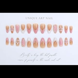 LPOODDNU 3D Pink Press on Nails Almond - Medium French Tip Fake Nails with Embossed Flower&Gold Bead Designs, Glossy Finish Reusable False Nails with Glue Tabs - 24Pcs Nail Kit for Women Manicure