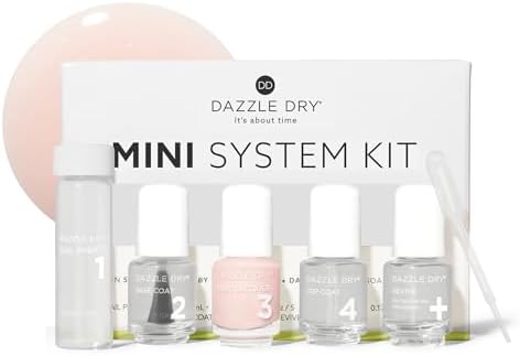 Dazzle Dry Mini Kit – Livin' La Vida Yoga – 4 Step System (5 Piece Kit) | A Soft And Pale Creamy Pink With A Hint Of Diamond Dusted Shimmer · Semi-Sheer · Cream Finish · Quick-Dry · 5 Manicures