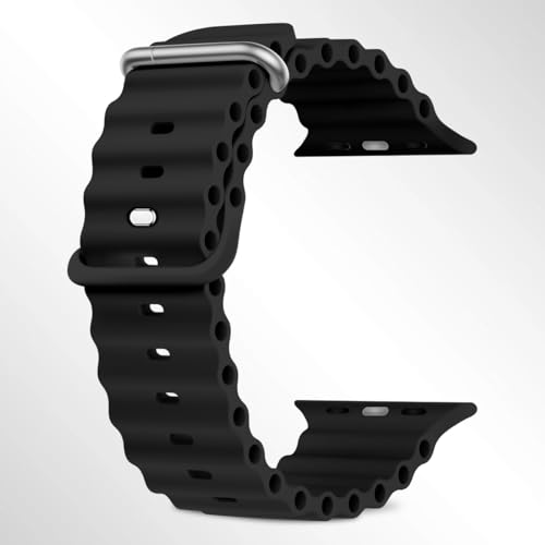 Compatible with Apple Watch 44mm 45mm 46mm 49mmfor Series Ultra/Series 12/11/10/9/8/7/SE/6/5/4/3/2/1Soft Silicone Sport Strap with Metal BuckleAdjustable Durable Watch Band for Women & Men (Black,44mm/45mm/46mm/49mm/42mm(Series 3 2 1))