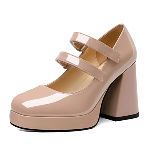 Joseywade Platform Mary Janes Women Chunky Block Heel Pumps Closed Round Toe 4 Inch Double Strap High Heel Shoes
