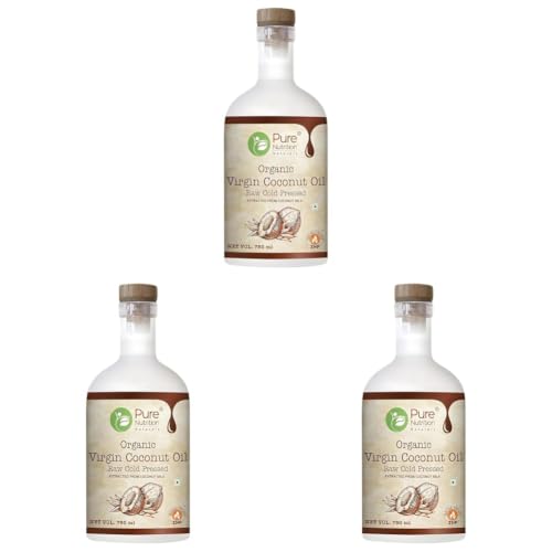 Image of Pure Nutrition Organic Virgin Coconut Oil, 750ml Glass Bottle | Raw Cold Pressed | 100% Pure | Nourishes Skin & Hair, Reduces Hair Fall, Ideal for Baby Massage, Wellness & Care (Pack of 3)
